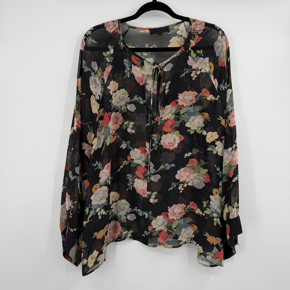 Nili Lotan Acadia Blouse Womens Small Black Long Sleeve Silk Sheer Floral